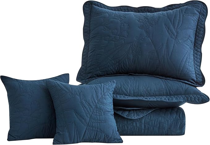 Botanical Bedspread Full Size - Leaves Pattern Stitching Quilt Set - Elegant & Fresh Style Bedding Coverlets, Reversible, Lightweight, 5 Piece, Navy