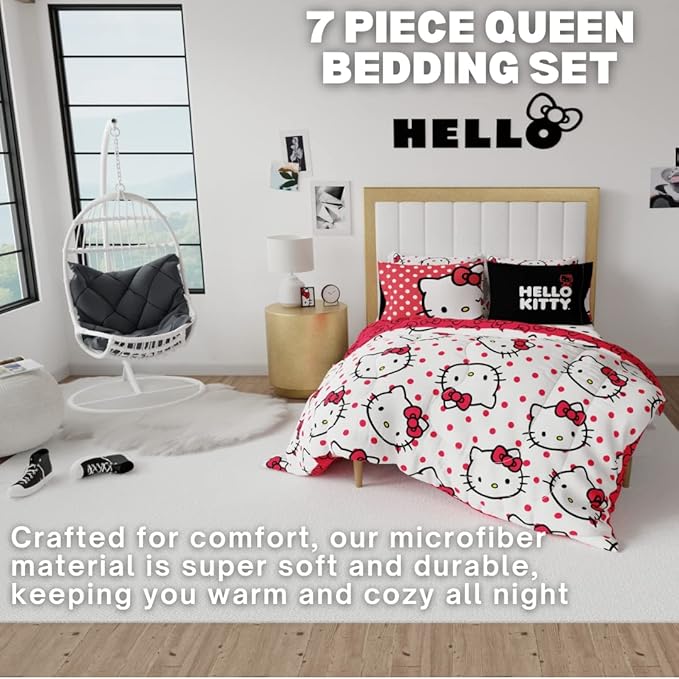 Franco Collectibles Hello Kitty Polka Dot Bedding 7 Piece Super Soft Comforter and Sheet Set with Sham, Queen, (Official Licensed Product)