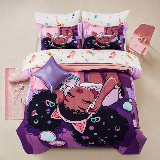 A Nice Night Purple Comforter Sets,Black Girl Listening Music Printed, 6Pcs Bed in A Bag Queen Size All Seasons Bedding Set,for Kids, Girls
