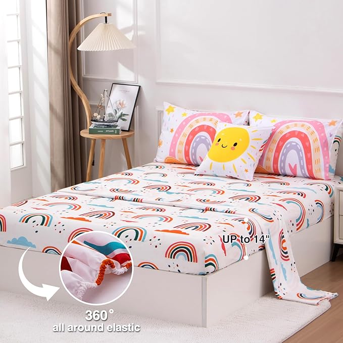 A Nice Night Bedding 6 Pcs Cartoon Rainbow Bedding Set with Smile Sun Printed for Boys Girls Bed Comforter Sets (White, Twin)
