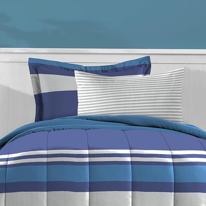 Dream Factory Kids 5-Piece Complete Bed Set Easy-Wash Super Soft Microfiber Comforter Bedding, Twin, Blue Rugby Stripe, (2D872701BL)