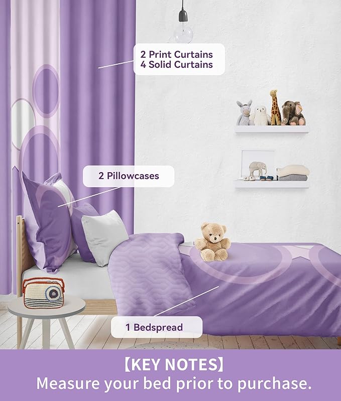 Bedspreads and Matching Curtains, 1 Bedspread (92"x106") 2 Pillowcases 2 Print 4 Solid Curtains, Purple Dot Microfiber Cal King Bed Cover Set, Versatile for Vacation Homes