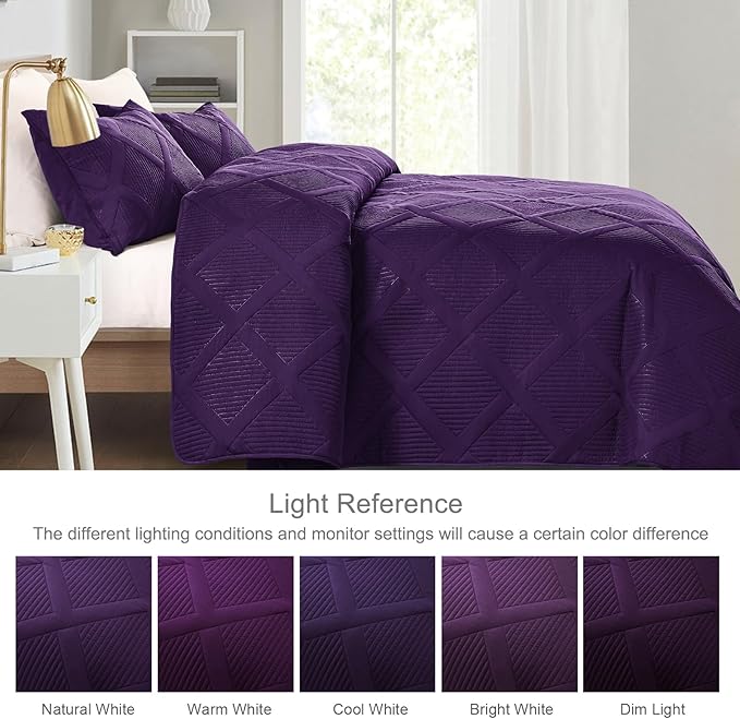 Exclusivo Mezcla Twin Size Quilt Set - Deep Purple Quilts Bedding Set with 2 Pillow Shams, Modern Bedspread with Striped Pattern, Soft Lightweight Bedspreads Coverlets for All Seasons