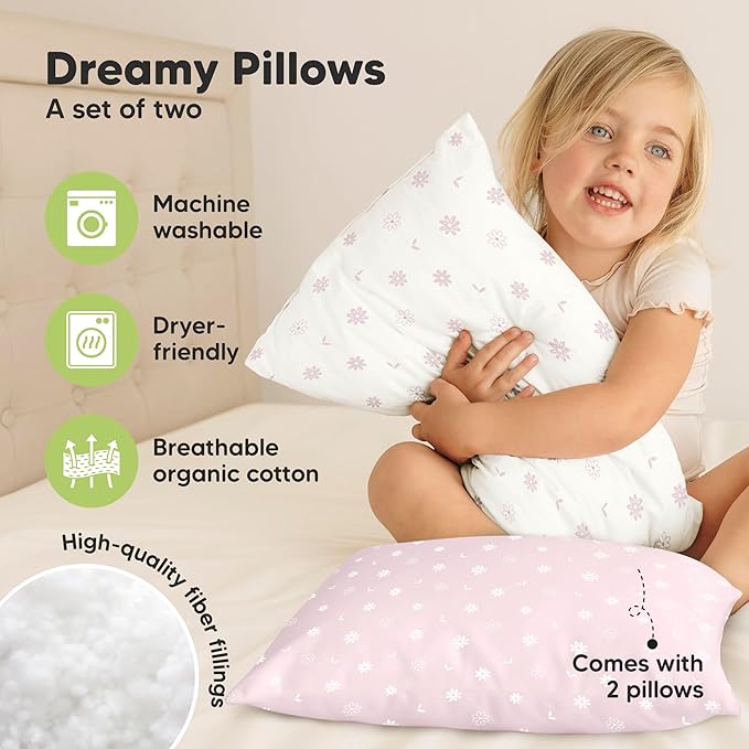 KeaBabies 2-Pack Toddler Pillows 2 Year Old to 5-13x18 Soft Organic Cotton Kids Pillow for Sleeping, Travel, School, Daycare, Nap, Toddler Bed, Machine Washable, Without Pillowcase (Daisy)