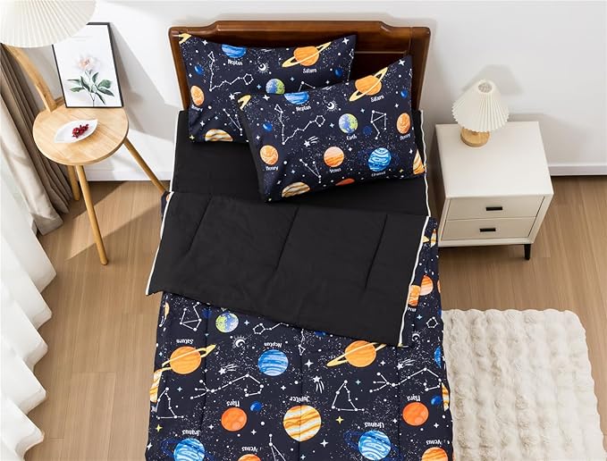 Meeting Story 3pcs Kids Comforter Sets Zipper Bedding Set for Boys,Twin Kid Bedding Set Outer Space Comforter Universe Galaxy Bedding for Kid,All in one Zipper Bedding（Black,Twin）