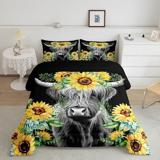 Feelyou Highland Cow Bedding Set Kids Sunflower Floral Western Cow Bull Comforter Set for Girls Teens Farmhouse Wildlife Animal Comforter Black Duvet Set Room Decor Quilt Set Full Size