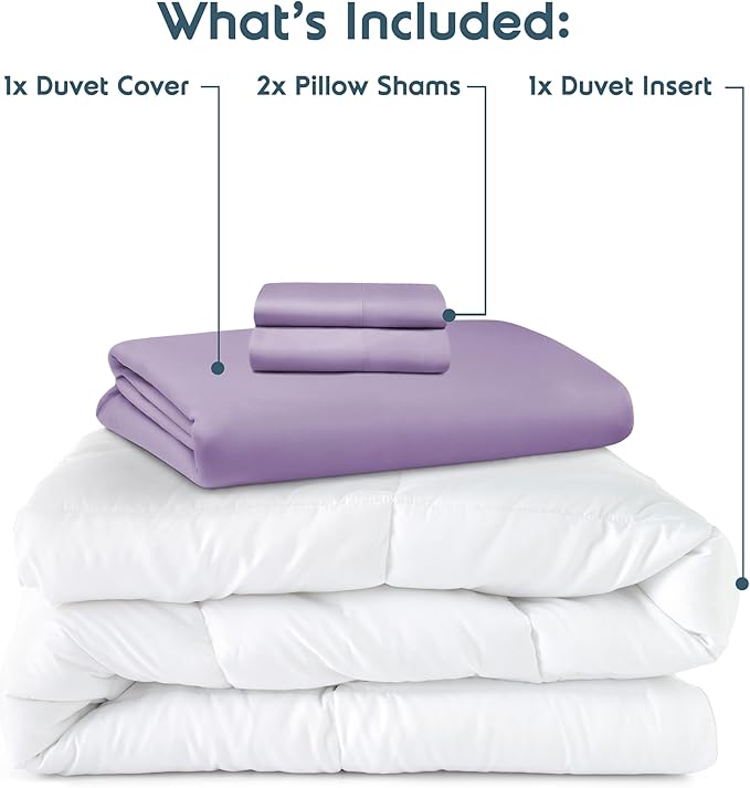 Nestl Full Duvet Cover Set with Comforter Insert - Lavender 4 Piece 80x90 Duvet Cover & 2 Pillow Shams with White Quilted Down Alternative Comforter, Ultra Soft, All Season