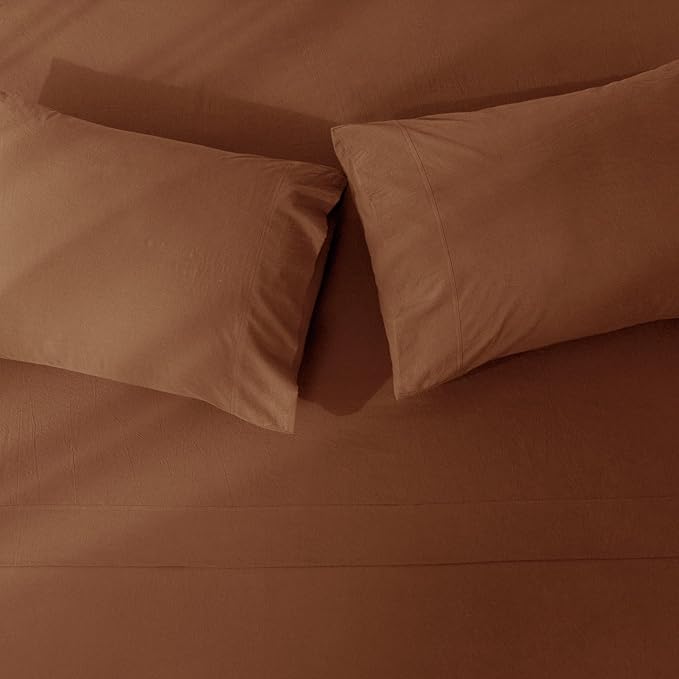 JIYUAN 100% Washed Cotton Sheet Set 4 Pieces Full,1 Fitted Sheet,1 Flat Sheet and 2 Pillowcases,Comfy and Breathable Linen Like Bedding Set,Burnt Orange