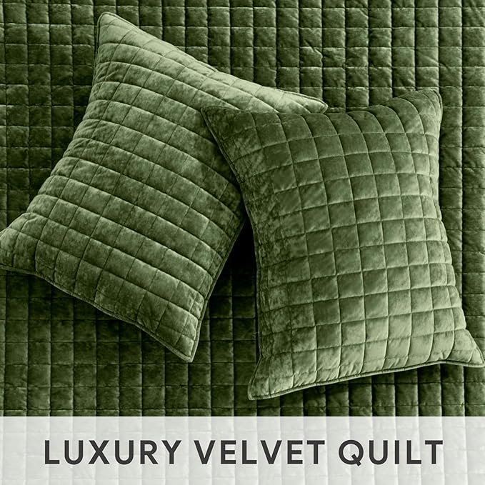 RECYCO Luxury Velvet Quilt Set Full Queen Size Bedding Sets, Ultra Soft Velvet Comforter Set, Lightweight Channel Box Stitch Oversized Bedspread Coverlet for All Season, with 2 Shams, Loden Green