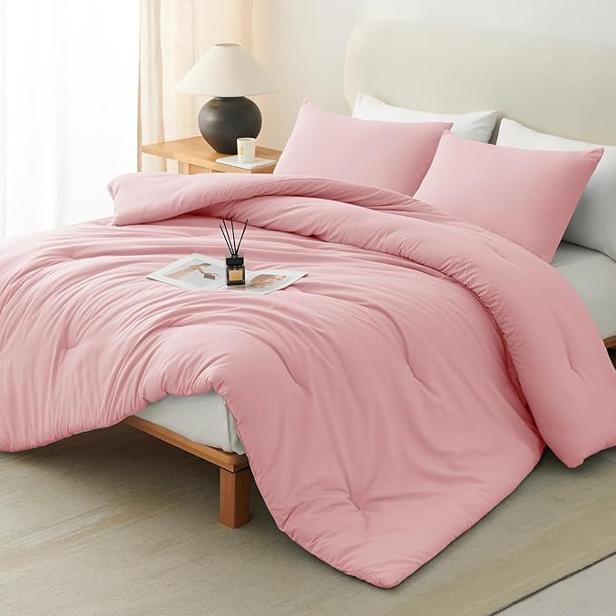 CozyLux Full Size Comforter Set Pink, 3 Pieces Solid Breathable Quilted Style Bedding Sets, Luxury Soft Bed Set with Down Alternative Comforter for All Season (1 Comforter & 2 Pillowcases)