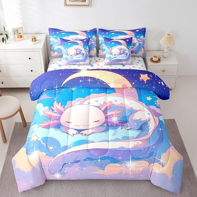 Feelyou Kids Cute Axolotl Bed in A Bag Full Size, Galaxy 7 Pieces Bedding Set Boys Girls Cartoon Salamander Comforter Set with Sheets Kawaii Animal Teens Bed Set Bedroom Decor 7Pcs
