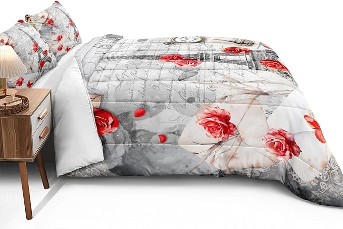 Bedbay Eiffel Tower Comforter Set - Queen Size French Style Bedding - Romantic Paris Retro Letter Rose Flowers Printed Paris Room Decor 4-Piece Soft Microfiber Girls Women Quilt Set (Red, Queen)