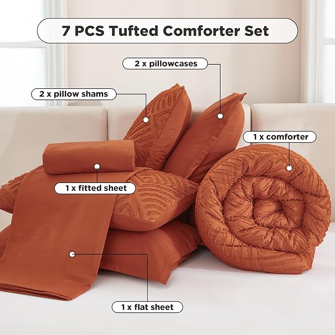 Andency Oversized Queen Comforter Set Burnt Orange - 7 Pieces Bed in a Bag Oversized Queen Boho Terracotta Bedding Comforter Sets, Rust Tufted Bed Set with Comforter, Sheets, Pillowcases & Shams