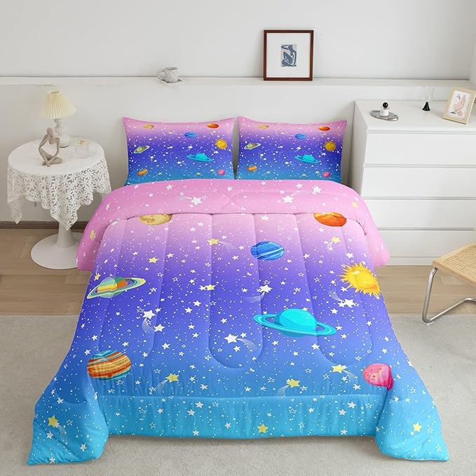 Erosebridal Cute Galaxy Comforter Set Full for Boys Girls Kids Stars Planet Space Bedding Set Kawaii Rainbow Pastel Bedding Comforter Sets Pink Blue Purple Ombre Cartoon Quilt Duvet 2 Pillow Cases