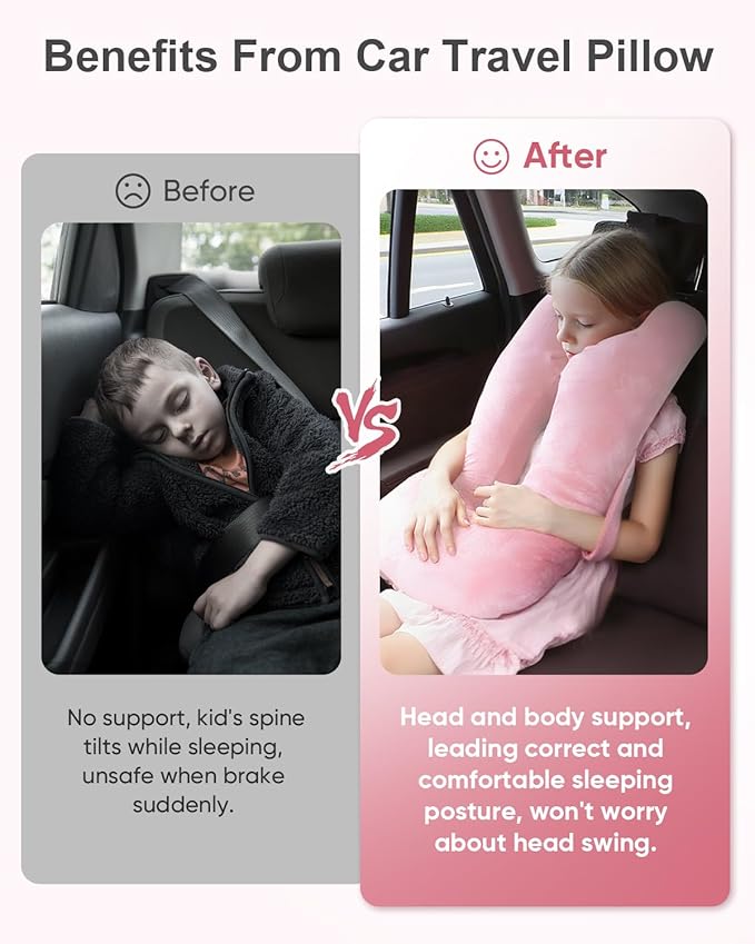 Car Travel Pillow for Kids Adults, Raised Padding Head and Neck Support Car Seat Sleeping Pillow for Toddlers, Portable U Shaped Body Pillow for Car Seat On Road Trip (Pink)