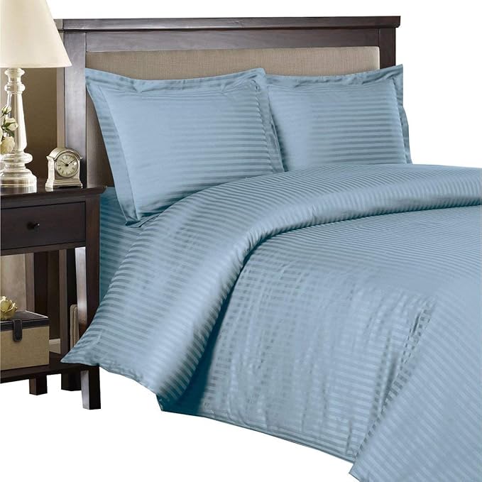 Royal Hotel Bedding 8pc California-King Size Bed-in-a-Bag Striped Blue 600-Thread-Count Siberian Goose Down Alternative Comforter 100 Percent Cotton - Includes Sheets and Duvet Cover Sets