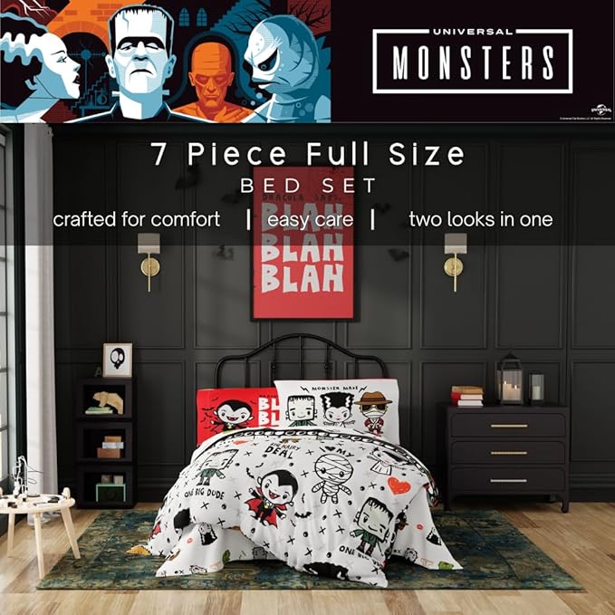 Universal Little Monsters Halloween Full Bed Set – Super Soft & Cozy 7 Piece Reversible Comforter and Sheet Set, (Officially Licensed Product) by Franco