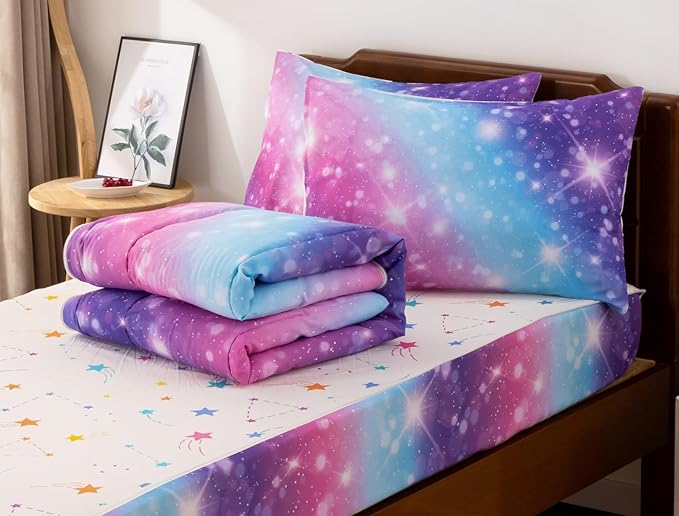 Meeting Story 3pcs Kids Comforter Set Zip up Bedding Set for Girls,Twin Kid Bedding Set Gradient Comforter Set for Kid,All in one Zipper Bedding（BluePurple,Twin）