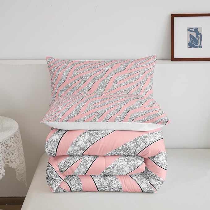 Women Leopard Bedding Set Girls Pink Silver Leopard Print Comforter Set for Kids Boys Teens Glitter Zebra Print Comforter Safari Animal Print Quilt Set Room Decor Duvet Set for All Season Queen Size