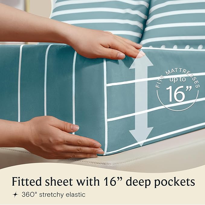 LuxClub 4 PC King Size Sheet Set, Breathable Luxury Bed Sheets, Deep Pockets 18" Wrinkle Free Cooling Machine Washable Hotel Bedding (Striped Light Blue)