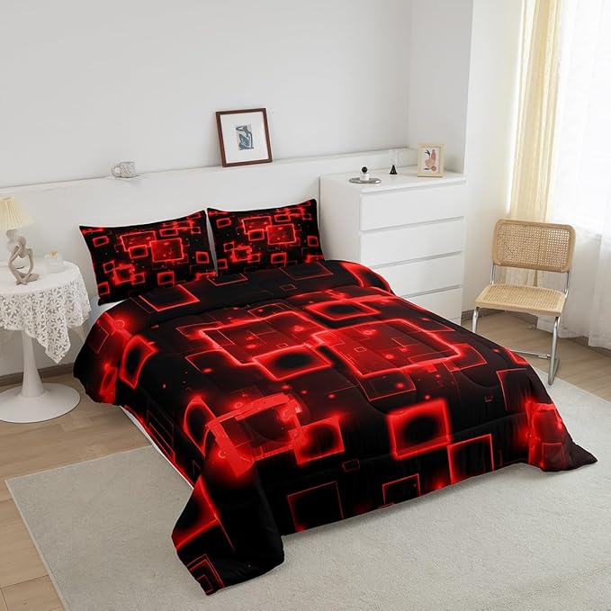 Feelyou Queen Size Red Black Bedding Set Light Honeycomb Comforter Set Abstract Geometric Comforter for Kids Boys Girls Geometrics Duvet Insert Kids Bedroom Decor 3Pcs
