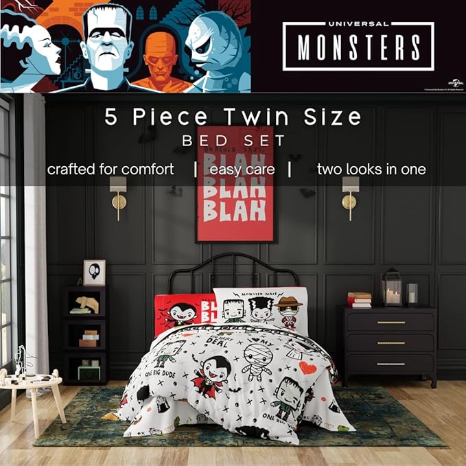 Universal Little Monsters Halloween 5 Piece Twin Bedding Set - Super Soft Cozy Reversible Comforter and Sheet Set with Sham, (Officially Licensed Product) by Franco