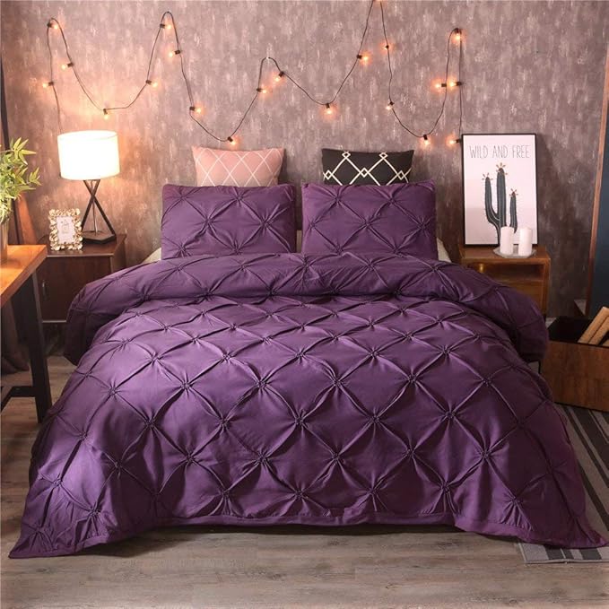 Feelyou Pintuck Duvet Cover Set Queen Size Purple Pinch Pleat Duvet Cover Tufted Design Bedding Set Zipper Soft Polyester Comforter Cover with 2 Pilllow Shams, Solid Geometric 3 Pieces