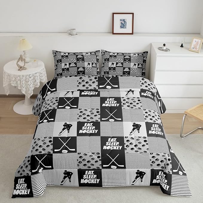 Ice Hockey Comforter Sets for Boys girls Twin Black White Grey Winter Sports Games Down Comforter Kids Teen Room Decor,Player Bedding Set Geometric Checkered Stripes Quilt Duvet 1 Pillow Case