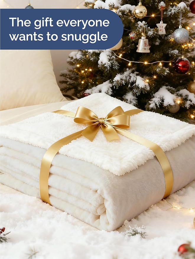 Sherpa Fleece Blanket Throw Size - Reversible Sherpa Fleece Throw Blanket - Super Soft Double Sided for Bed, Sofa, Couch - Thick, Warm, and Plush - Luxurious Bedding for Winter - Ivory, 50" x 60"