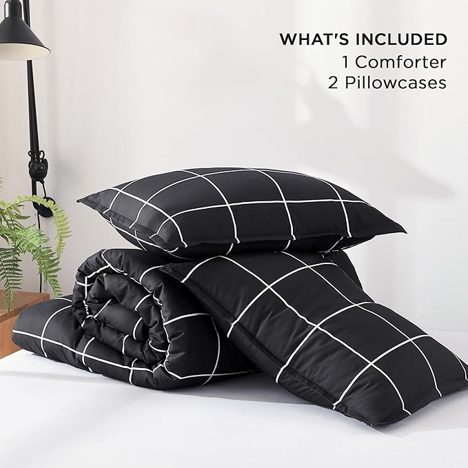 Andency Black Grid Comforter Set King(104x90Inch), 3 Pieces (1 Plaid Comforter and 2 Pillowcases) Black Plaid Comforter Set, Lightweight Microfiber Gingham Geometric Comforter Bedding Set