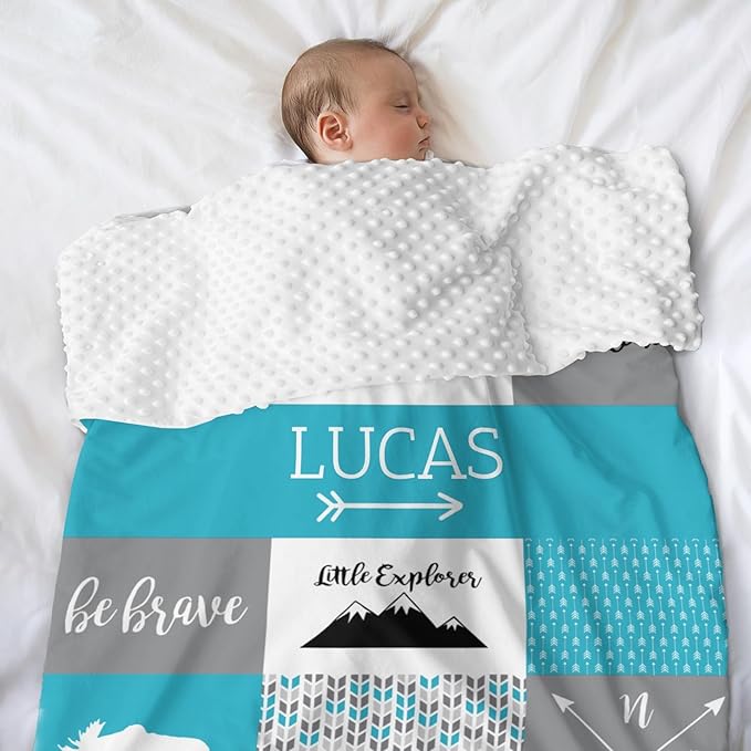 Customzed Baby Blanket for Boys Super Soft Double Layer with Dotted Backing, Monogrammed Receiving Blanket with Cute Woodland Multicolor Printed Blanket, Teal, 40 x 50 Inch