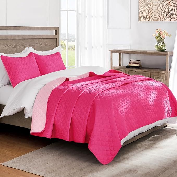 Exclusivo Mezcla Reversible King Size Quilt Bedding Set with Pillow Shams, Lightweight Quilts King Size, Soft Bedspreads Bed Coverlets for All Seasons - (Hot Pink, 104"x96")