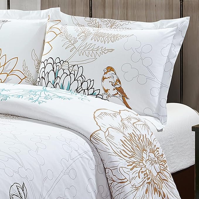 Style Quarters King 100% Cotton Percale Bird Style 3 Pieces Duvet Cover, King, White with 1 Duvet Cover and 2 Pillow Shams