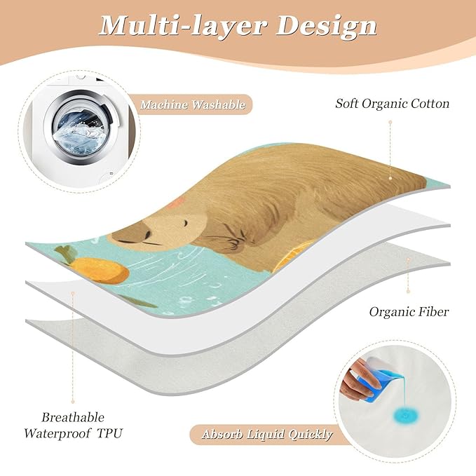 Waterproof Bed Pad Reusable Changing Pad Toddler Mattress Protector Large Pee Pad Baby Diaper Pad Soft Washable Liner Light Blue Capybaras Orange and Water Ripples