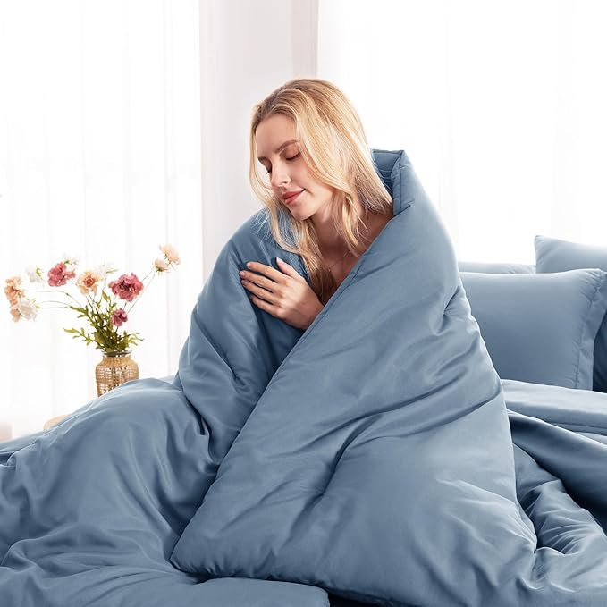CozyLux Oversized King Comforter Set Grayish Blue, 7 Pieces Bed in a Bag Comforter Set with Sheets, Soft Bedding Sets with Down Alternative Comforter, Fitted Sheet, Flat Sheet, Pillowcases and Shams
