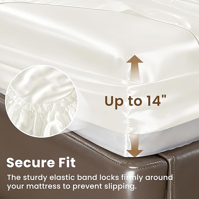 Love's cabin Satin Queen Sheets Set - 4 Piece Ivory Silky Bed Sheets with Deep Pocket, Luxury Silk Feel Satin Queen Size Sheet Set (1 Flat Sheet,1 Fitted Sheet,2 Pillow Cases)