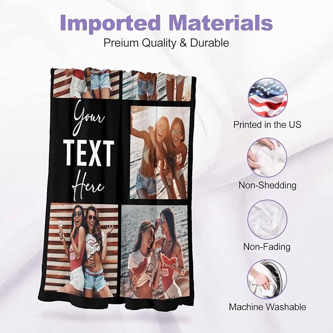 Custom Blankets with Photos Text, 5 Photos Custom Picture Blanket Best Friend Blanket Personalized Friendship Blankets for BFF Sister,Teen Girls Besties on Birthday, 8 Sizes