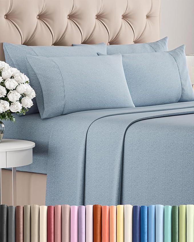 King 6 Piece Sheet Set - Comfy Breathable & Cooling - Soft Hotel Luxury Bedding Set with 8-16 Inch Deep Pockets - 1 Flat & 1 Fitted Sheet & 4 Pillowcases - Wrinkle Free & Easy Care - Heathered Blue