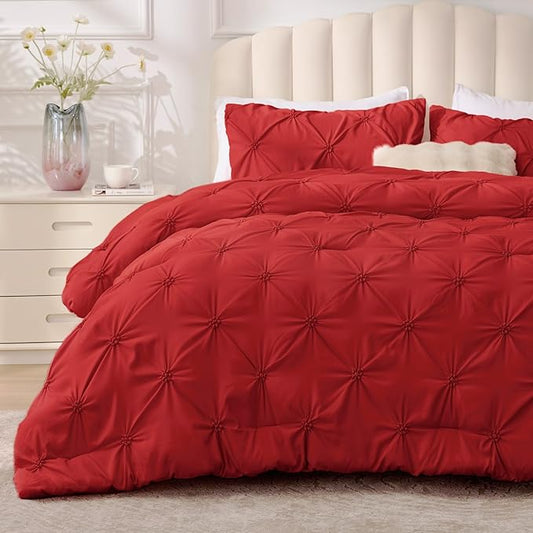 BEDELITE Red Twin Comforter Set - 2 Peices Boho Pintuck Bedding Comforter Sets, Lightweight Soft & Warm Twin Bedding Sets with 1 Pillowcase for All Season