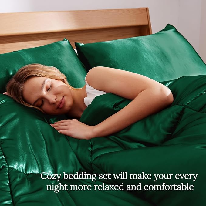Whale Flotilla 2-Piece Reversible Silky Soft Twin Size Comforter Bedding Set, Luxurious Satin Comforters with Satin Pillowcase, Lightweight Duvet for All Seasons,Deep Green