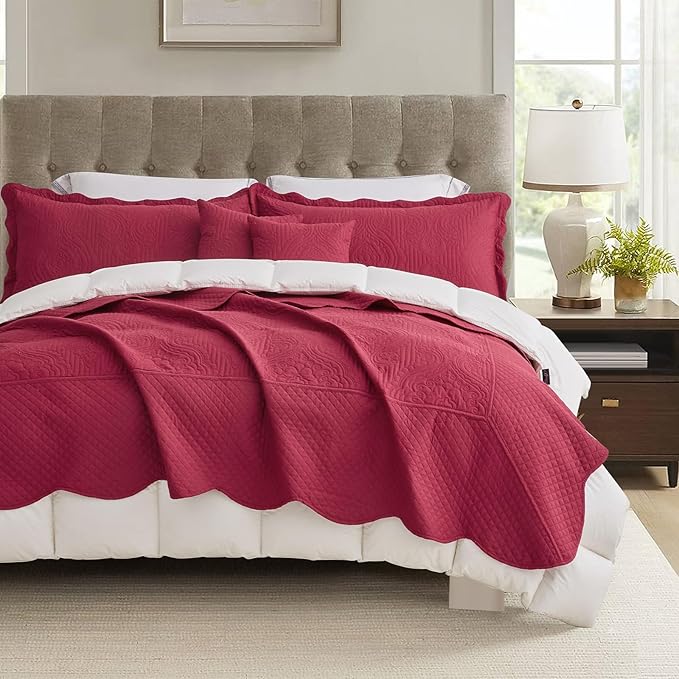HZ & HY Oversized King Bedspread, Ultrasonic Coverlet Bedding Set, Lightweight Thin Comforter, Reversible, 5 Piece, 100% Microfiber, Wine Red