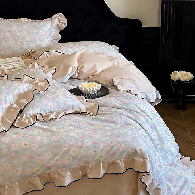 HighBuy Pink White Floral Duvet Cover Twin XL Ruffle Lace Design,Premium Brushed Cotton Durable with Beige Lace Edge Coquette Rose Floral Comforter Cover Set for College,Farmhouse Bedding Set