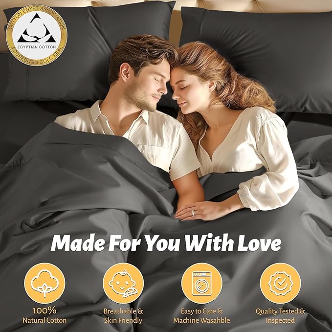 Shilucheng 100% Egyptian Cotton King Size Sheets Set - 1000 Thread Count，Luxury Cotton Bed Sheets，Breathable & Cooling Bedding and Pillow Cases, 16 Inch Deep Pocket - 6 Piece (Dark Grey, King)
