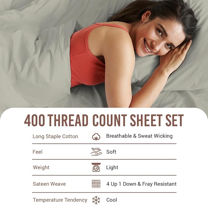 Pizuna Pure 100% Cotton Sheet Set Twin, Luxurious 400 Thread Count Long Staple Cotton Sateen Sheets Twin with 15" Deep Pocket (Silver)