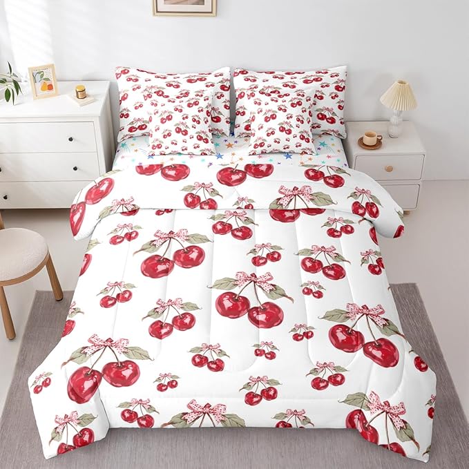 Feelyou Red Cherry King Comforter Set with Sheets for Kids Boys Girls Pink Bowknot 7 Pieces Bedding Set Cartoon Cherry Bed in a Bag Cute Bow Room Decor Soft Lightweight Microfiber