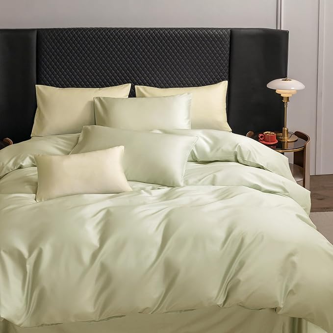 MooMee Duvet Cover Set 100% Extra Long Staple Cotton 600 Thread Count Silky Sateen Smooth Luxury Soft Breathable Durable Hotel Quality Bedding, 3 Pieces (Mint Green, King 104"x90")