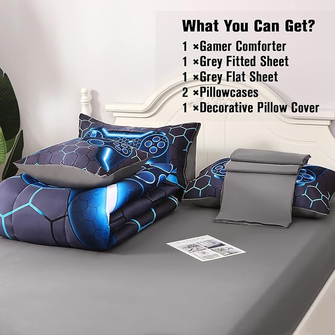 JQinHome Queen Gamer Comforter Set,6 Piece Bed in A Bag 3D Video Game Bedding -All Season Down Alternative Gamer Bedding Sets - (Blue Game Controller)