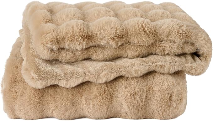 Lotus Karen King Size Faux Fur Blanket Khaki - Big Bubble Rabbit Fluff Blanket for Bed, Large Fluffy Fuzzy Cozy Blanket, Thick Furry Plush Shaggy Blankets, 108x90 Inches