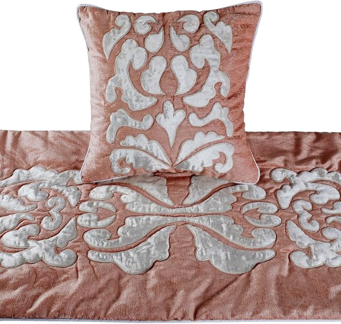The HomeCentric Decorative Peach & Ivory CA King 86 x 18 inch Bed Runner Without Pillow Cover, Velvet Applique Bed Scarf, Abstract Modern - Peach Elegance