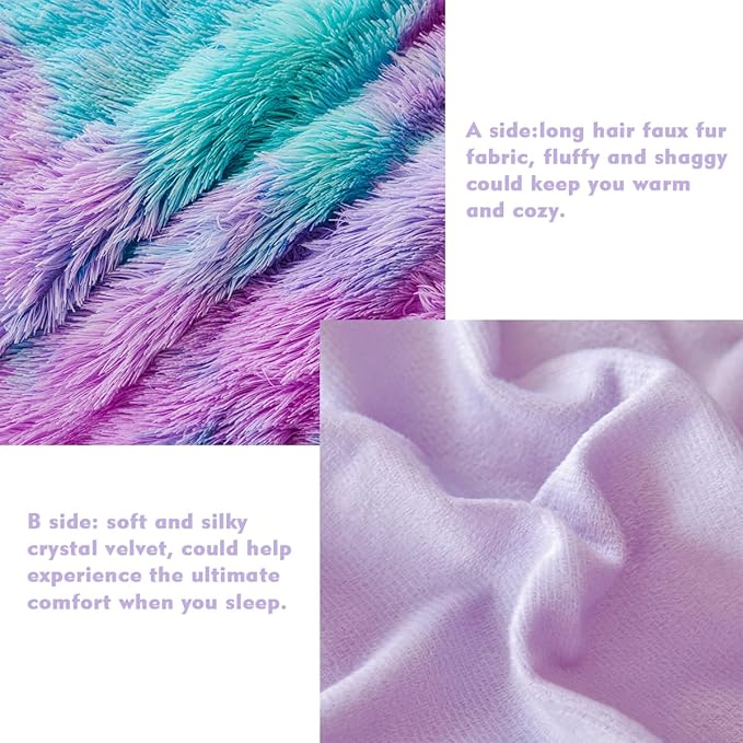 PERFEMET Fuzzy Girls Bedding Set Full Size 3 Pieces Luxury Purple and Teal Faux Fur Fluffy Comforter for Kids Teens Ultra Soft Warm Tie Dye Velvet Plush Shaggy Bed Comforter Sets(Purple Teal, Full)